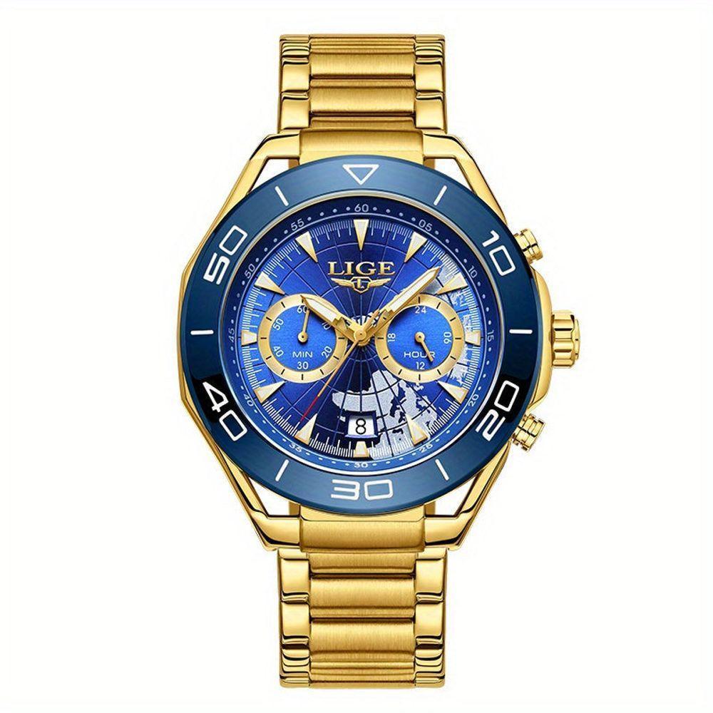 Relógio De Quartzo Para Homens Multifuncional Estilo Casual Com Pulseira De Aço Inoxidável Azul Dourado - 1