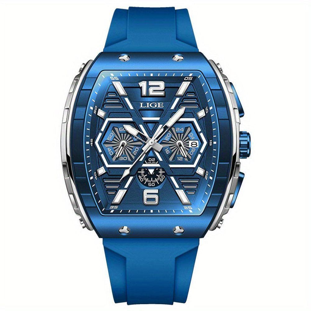 Relógio Multifuncional Para Homens Com Pulseira De Silicone Display Luminoso Impermeável 3atm Azul Prateado - 1