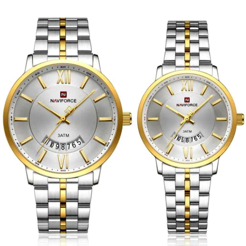 Relogio De Pulso Conjunto Casal Em Aço Inoxidável De Quartzo Design Casual Impermeavel 3atm Branco Dourado - 1