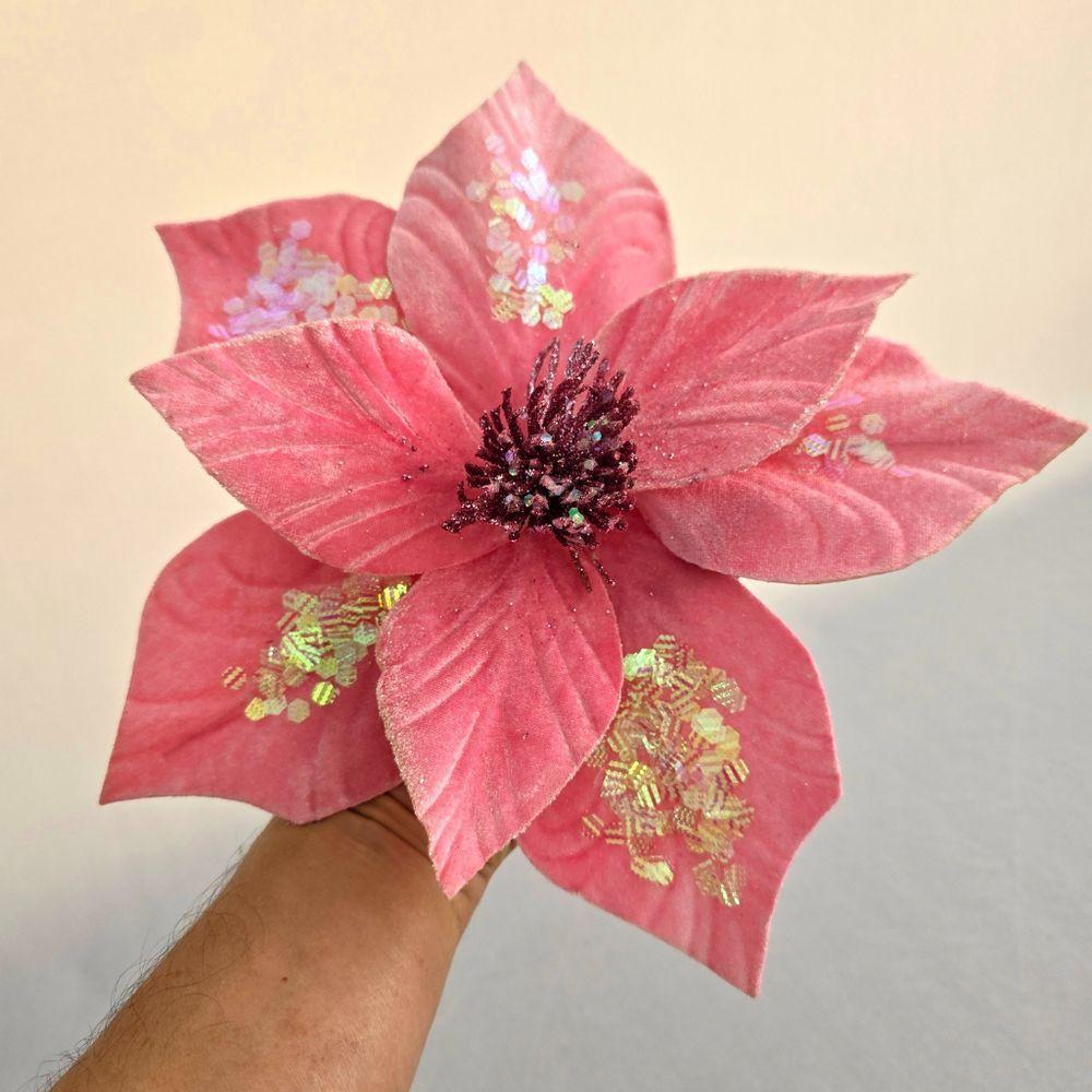 Flor Artificial De Natal Veludo Rosa 30cm - 3