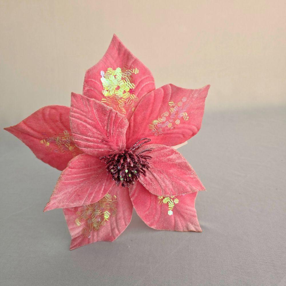 Flor Artificial De Natal Veludo Rosa 30cm - 4