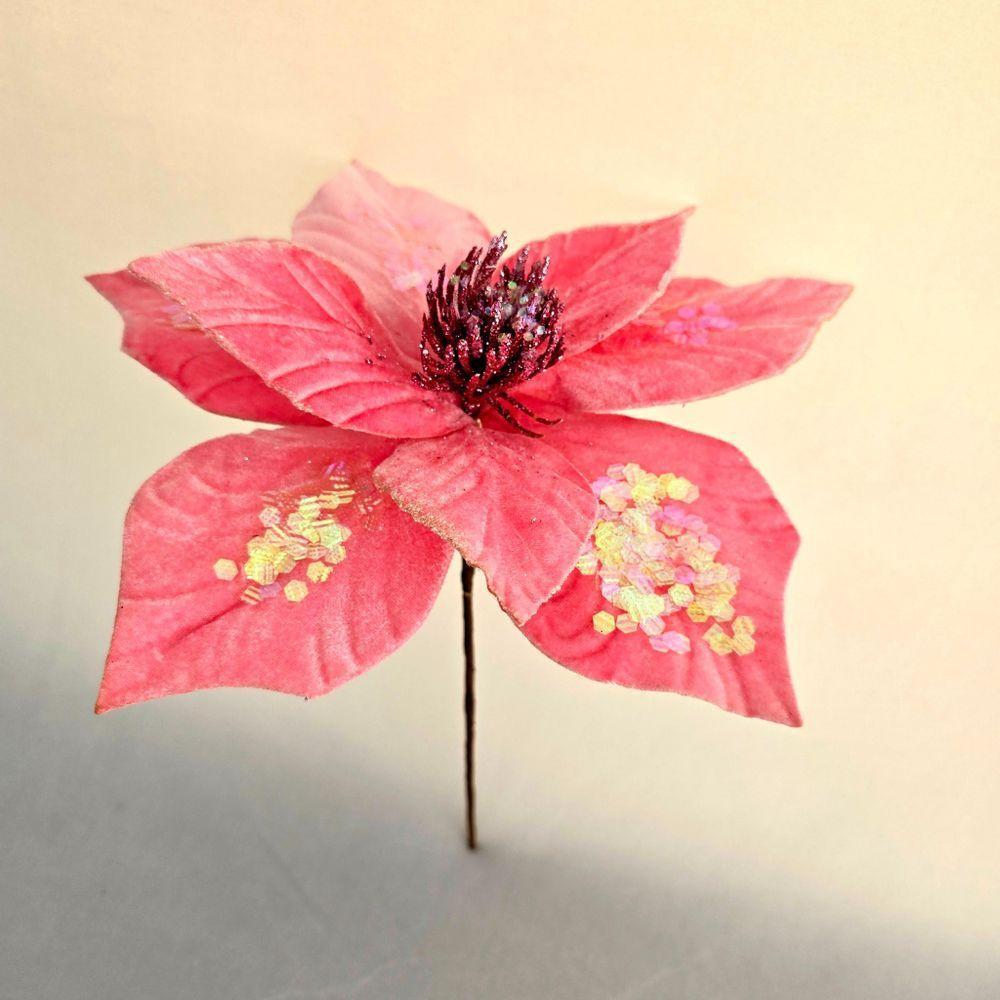 Flor Artificial De Natal Veludo Rosa 30cm - 5