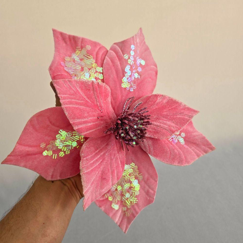 Flor Artificial De Natal Veludo Rosa 30cm - 7