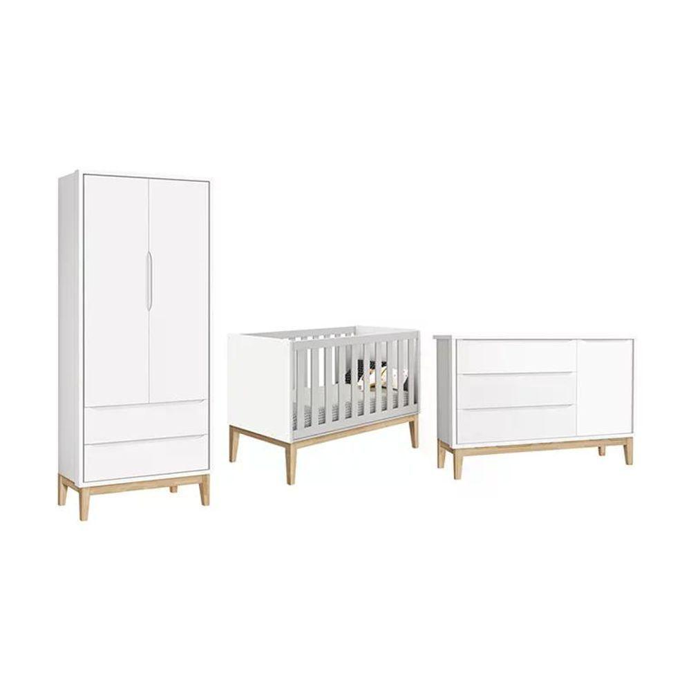 Dormitório Classic 2 Portas E Cômoda Com Porta Branco Com Pés Madeira Natural Reller Móveis Branco - 1