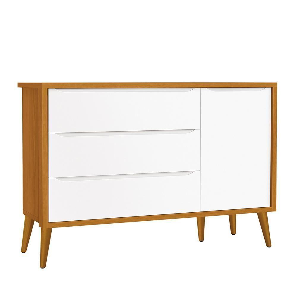 Cômoda Infantil 1 Porta E 3 Gavetas Theo Retrô Branco Savana Com Pés Amadeirado Reller Móveis Branco Savana - 1