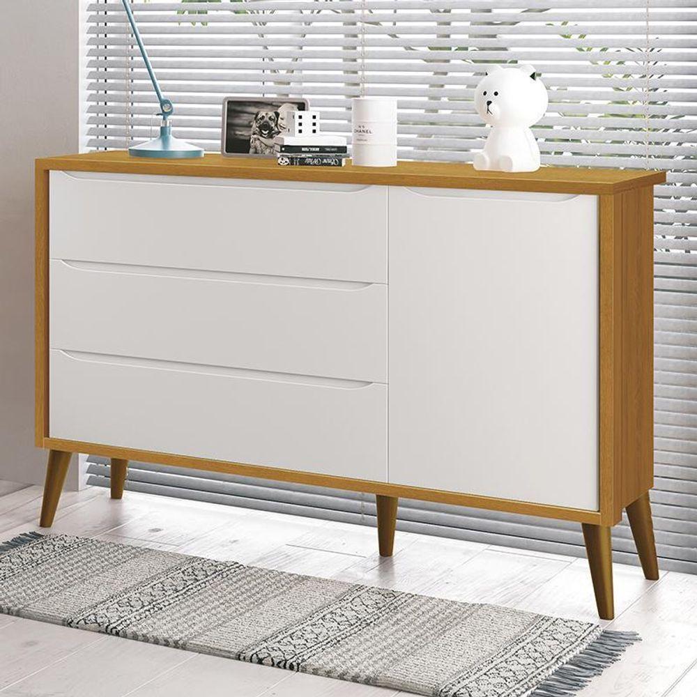Cômoda Infantil 1 Porta E 3 Gavetas Theo Retrô Branco Savana Com Pés Amadeirado Reller Móveis Branco Savana - 4