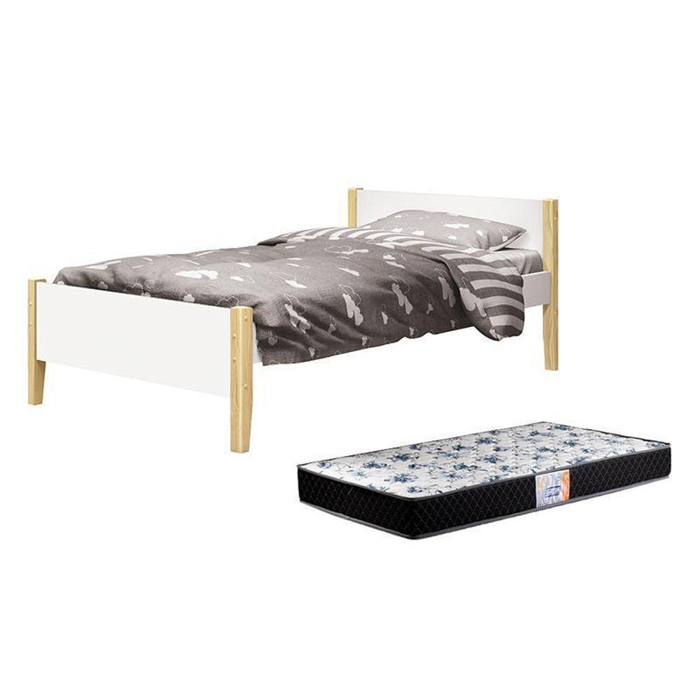 Cama Solteiro Simba Branco Fosco Com Pés Madeira Natural E Colchão D33 Reller Móveis Branco Fosco - 1