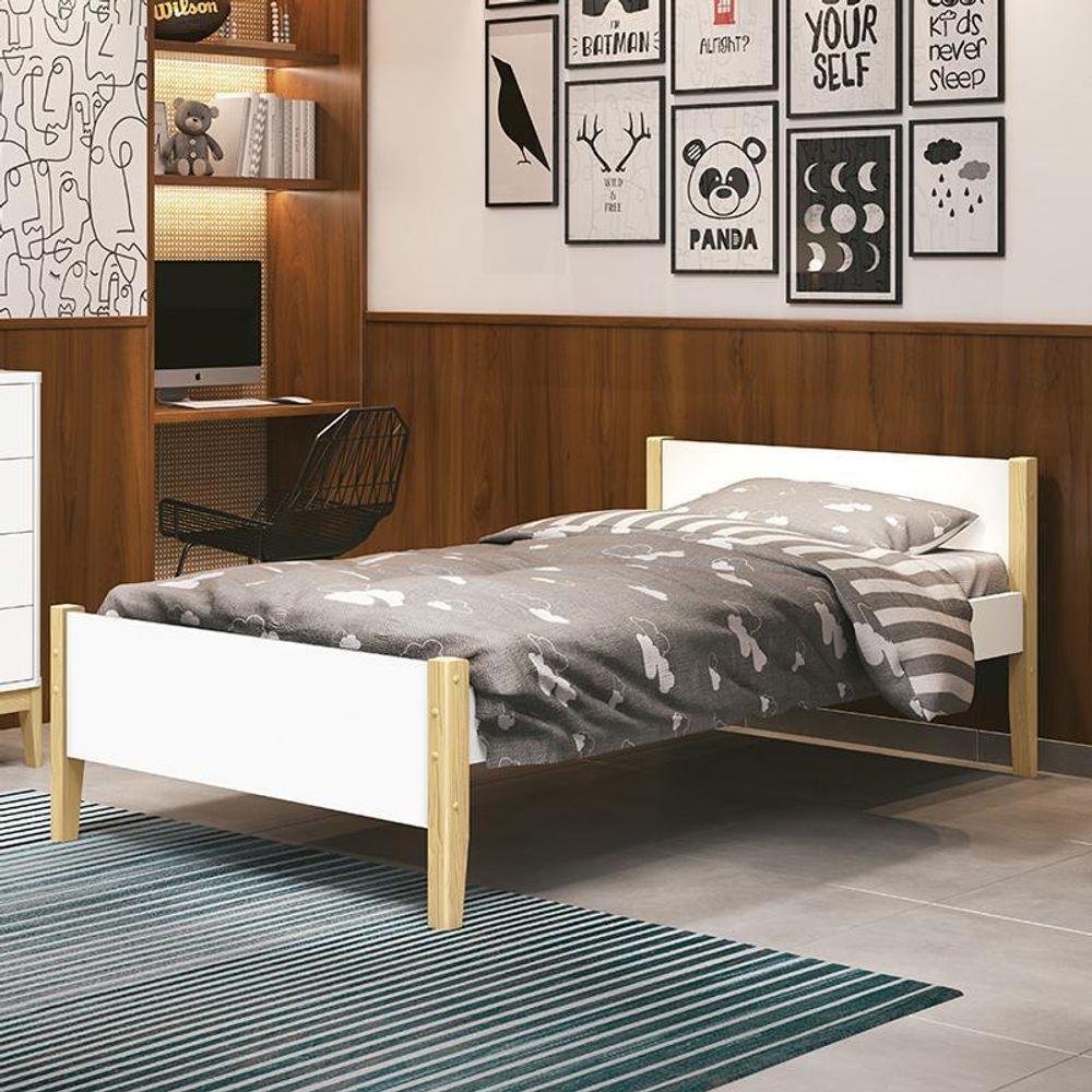 Cama Solteiro Simba Branco Fosco Com Pés Madeira Natural E Colchão D33 Reller Móveis Branco Fosco - 4