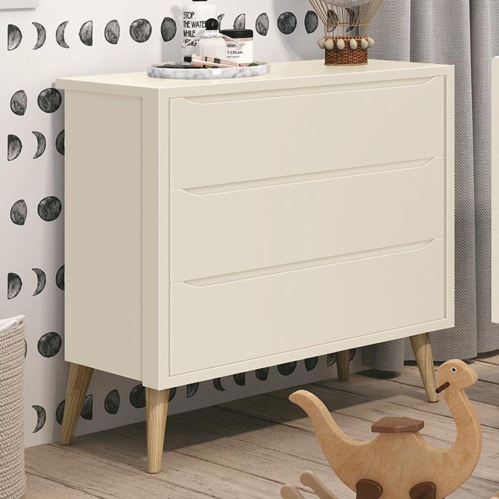 Cômoda Infantil Theo 3 Gavetas Areia Fosco Com Pés Madeira Natural Reller Móveis Areia Fosco - 1