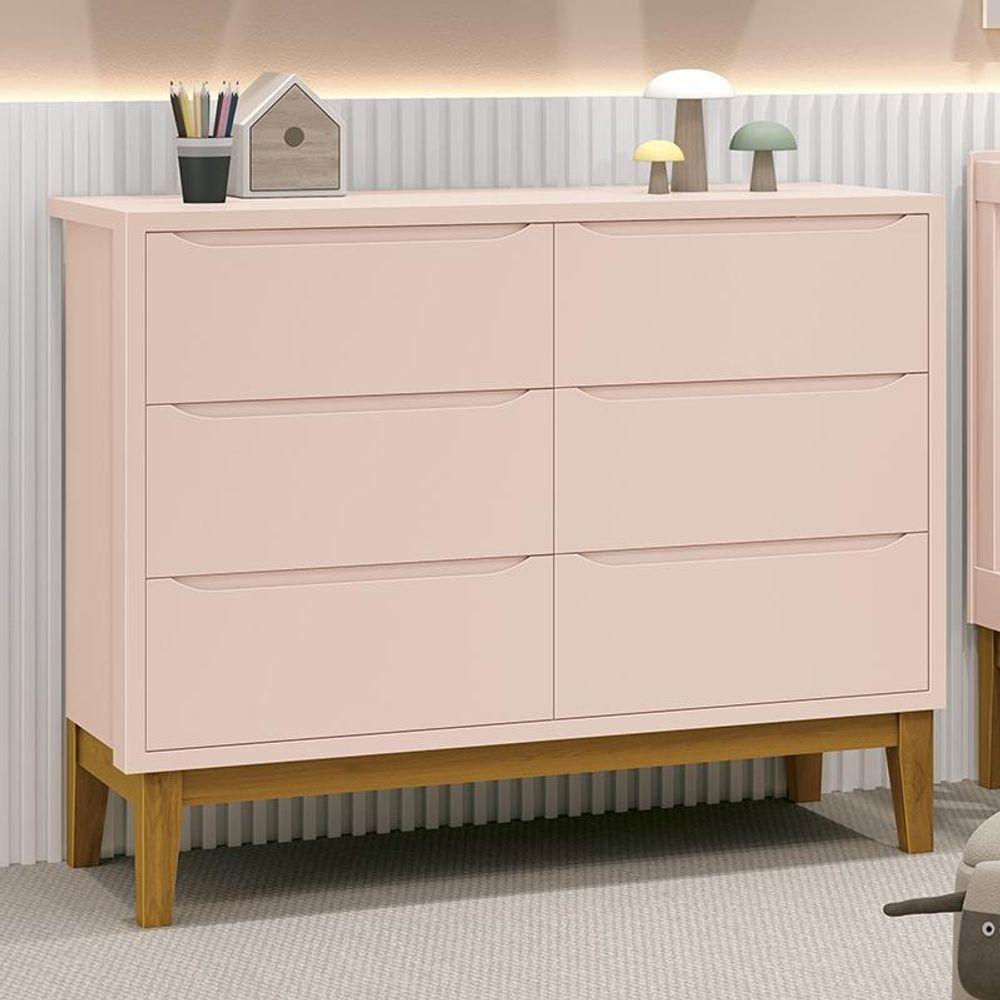 Cômoda Infantil Classic 6 Gavetas Rosa Fosco Com Pés Amadeirado Reller Móveis Rosa Fosco - 2