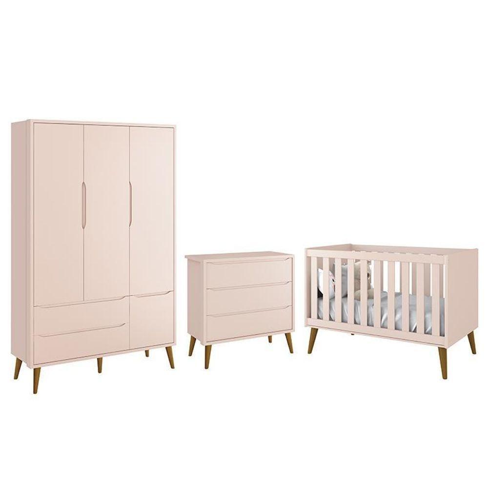 Dormitório Infantil Theo Retrô 3 Portas Cômoda E Berço Rosa Fosco Com Pés Amadeirado Reller Móveis Rosa Fosco - 1