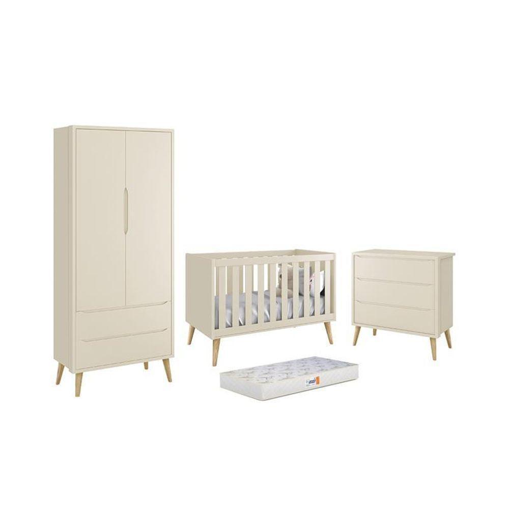 Dormitório Theo 2 Portas Areia Fosco Com Pés Madeira Natural E Colchão D18 Branco Reller Móveis Areia Fosco - 1