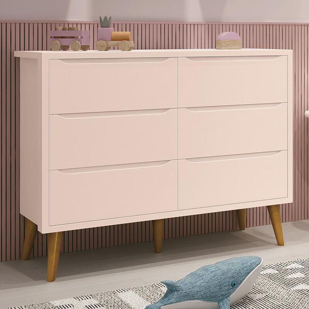 Cômoda Infantil Theo 6 Gavetas Rosa Fosco Com Pés Amadeirado Reller Móveis Rosa Fosco - 2