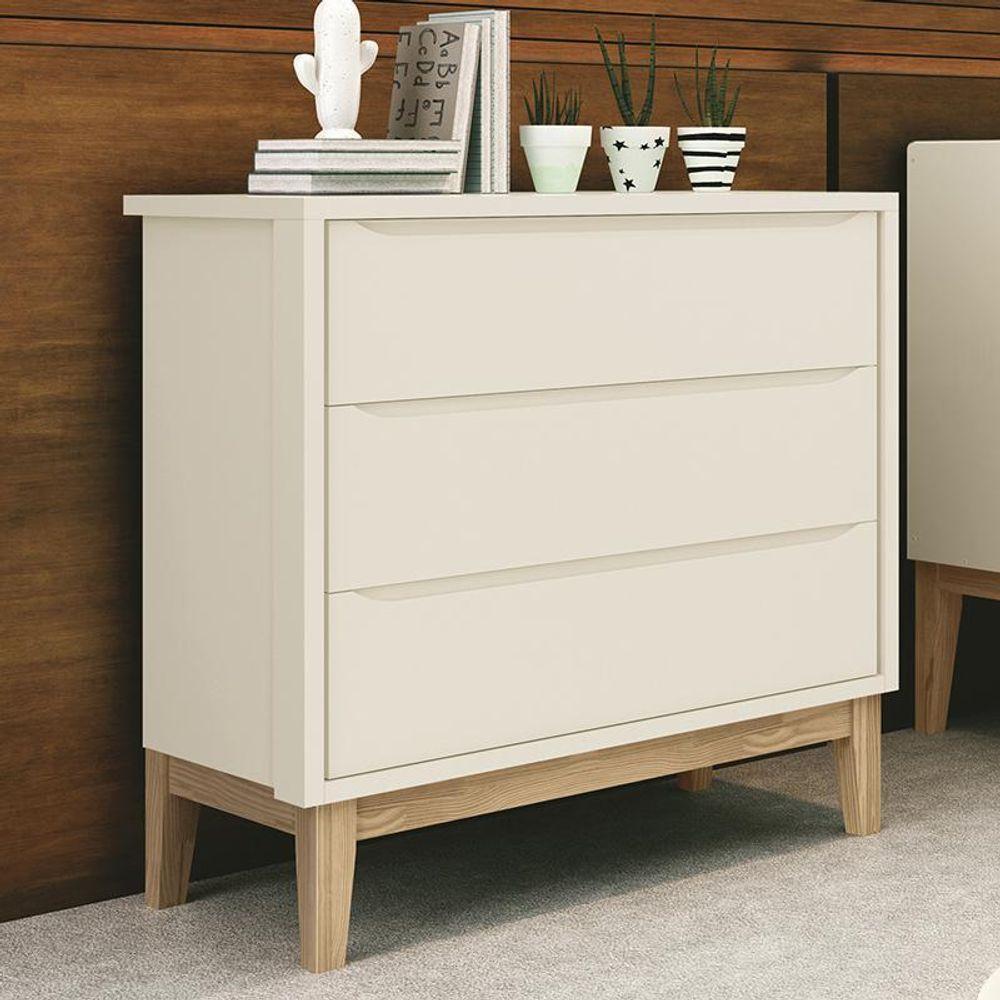 Cômoda Infantil Classic 3 Gavetas Areia Fosco Com Pés Madeira Natural Reller Móveis Areia Fosco - 1