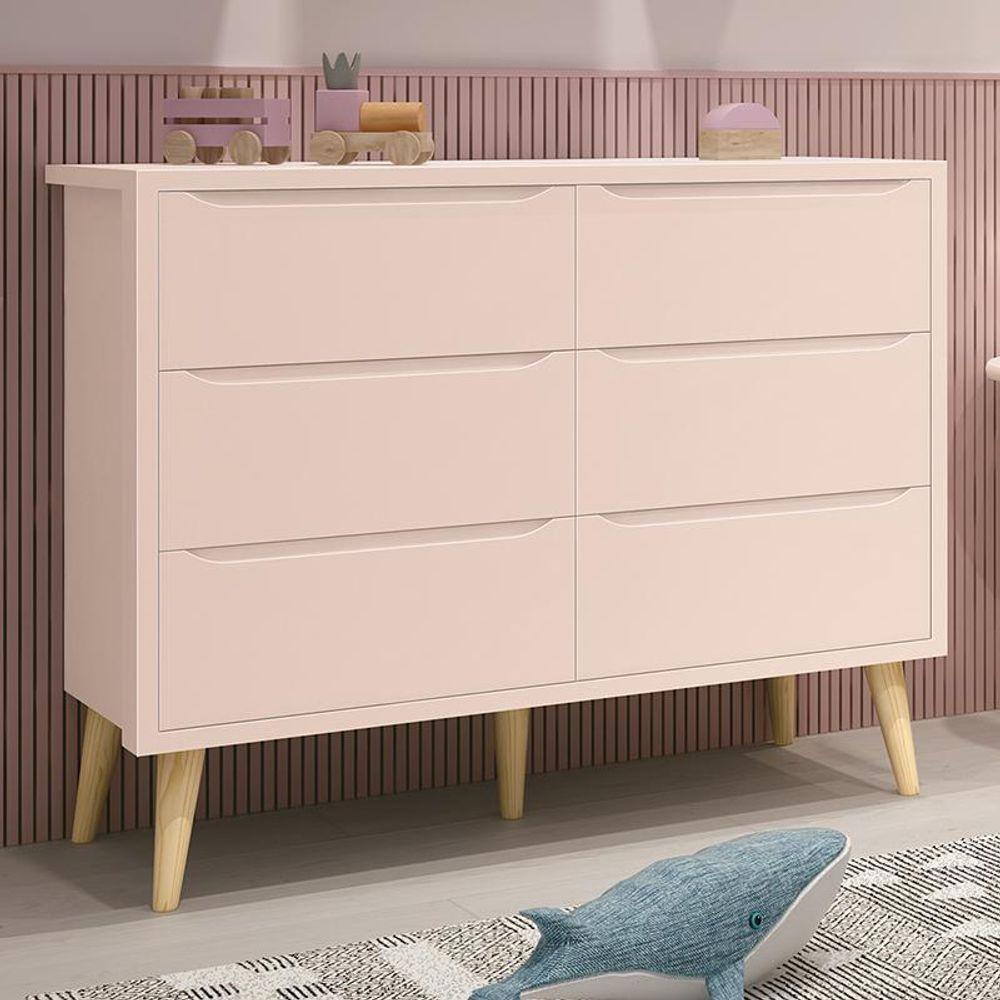 Cômoda Infantil Theo 6 Gavetas Rosa Fosco Com Pés Madeira Natural Reller Móveis Rosa Fosco - 2