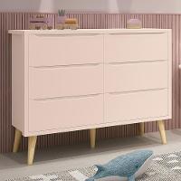 Cômoda Infantil Theo 6 Gavetas Rosa Fosco Com Pés Madeira Natural Reller Móveis Rosa Fosco - 2