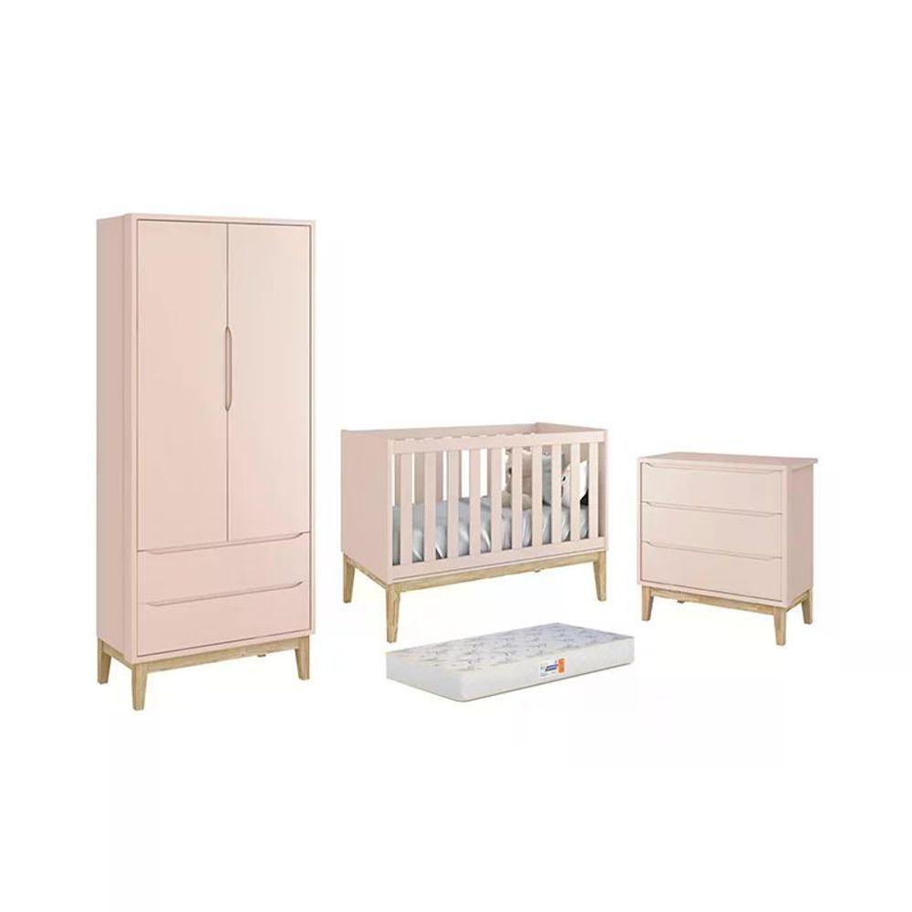 Dormitório Classic 2 Portas Rosa Com Pés Madeira Natural E Colchão D18 Branco Reller Móveis Rosa - 1