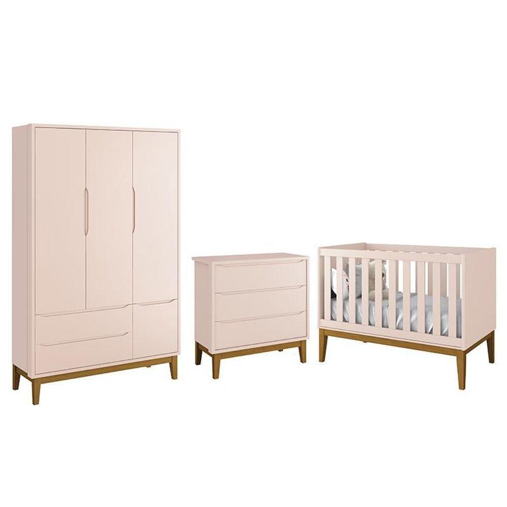 Dormitório Infantil Classic 3 Portas Cômoda 3 Gavetas E Berço Rosa Fosco Com Pés Amadeirado Reller Móveis Rosa Fosco - 1