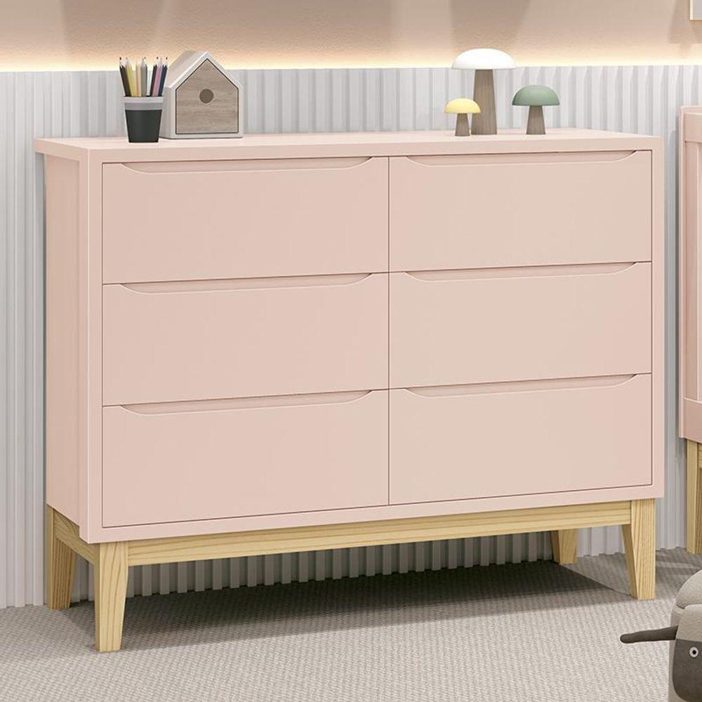 Cômoda Infantil Classic 6 Gavetas Rosa Fosco Com Pés Madeira Natural Reller Móveis Rosa Fosco - 2