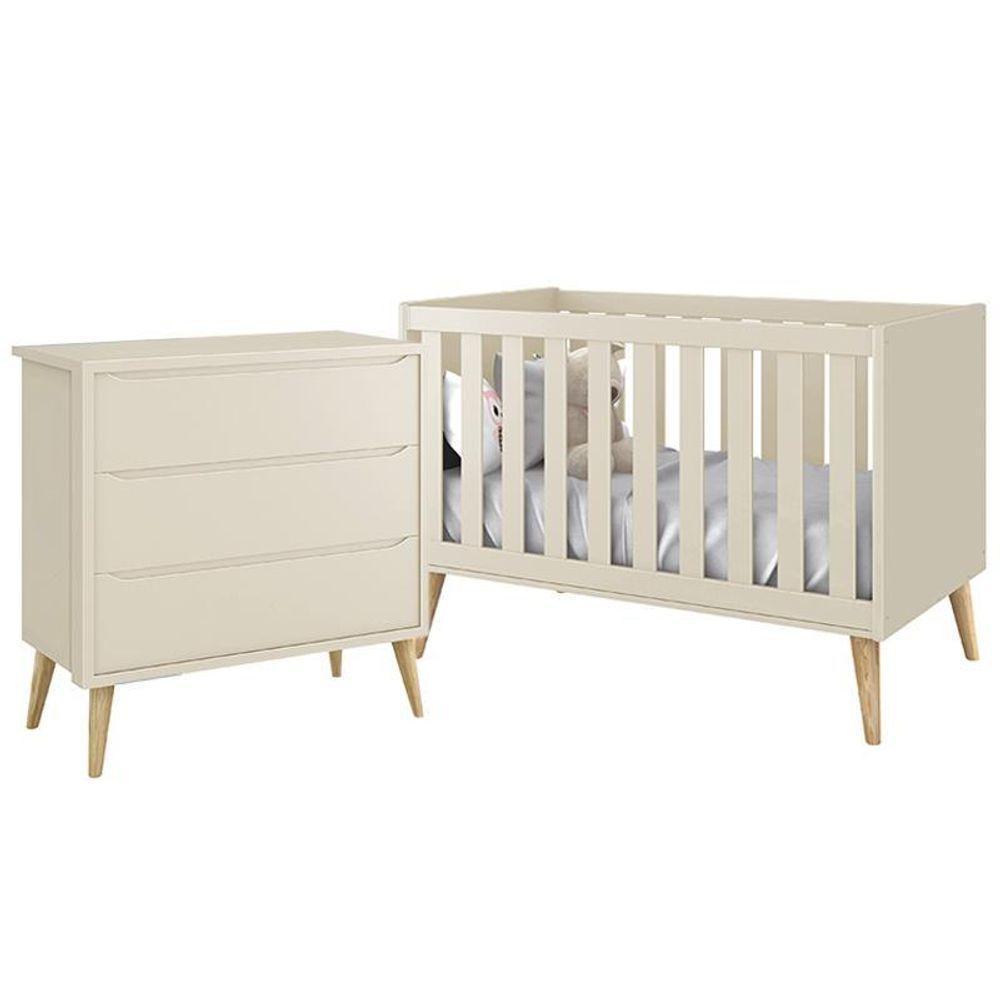 Jogo De Quarto Infantil Theo Cômoda 3 Gavetas E Berço Areia Fosco Com Pés Madeira Natural Reller Móveis Areia Fosco - 1