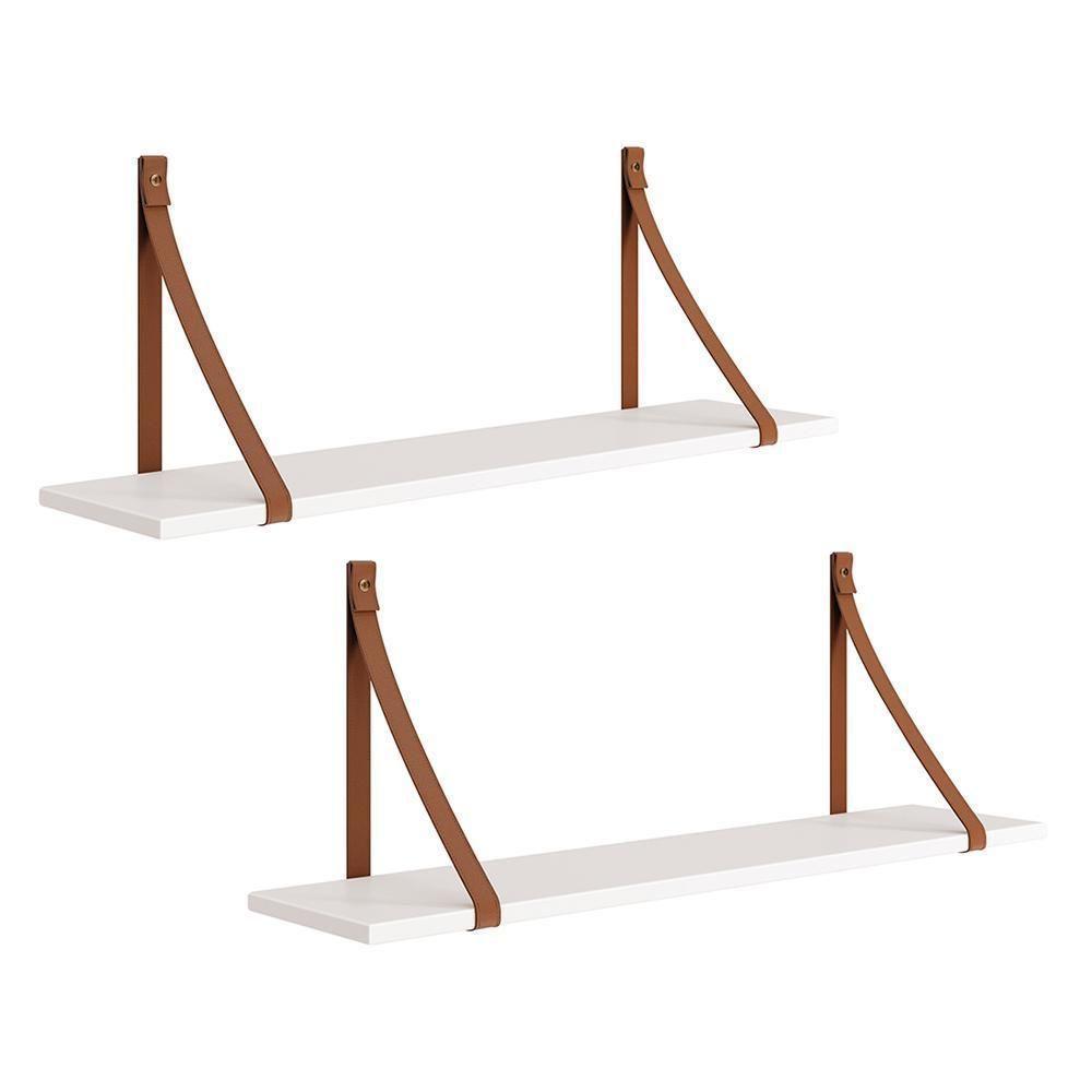 Kit 2 Prateleiras Luna 89,6cm Branco Fosco Com Alças De Couro Reller Móveis Branco Fosco - 1