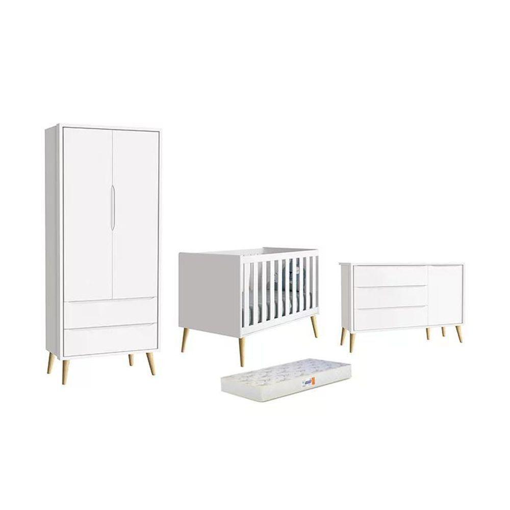 Dormitório Theo 2 Portas, Cômoda Com Porta Branco Com Pés Madeira Natural E Colchão D18 Reller Móveis Branco - 1