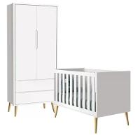 Quarto Com Berço Theo E Guarda Roupa 2 Portas E Pés Madeira Natural Branco Fosco Reller Móveis Branco Fosco - 1
