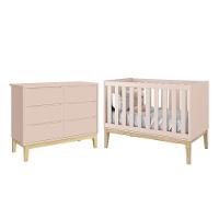 Jogo De Quarto Infantil Classic Cômoda 6 Gavetas E Berço Rosa Fosco Com Pés Madeira Natural Reller Móveis Rosa Fosco - 1