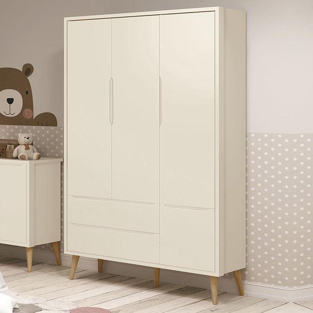 Guarda Roupa Infantil Theo 3 Portas Areia Fosco Com Pés Madeira Natural Reller Móveis Areia Fosco - 1