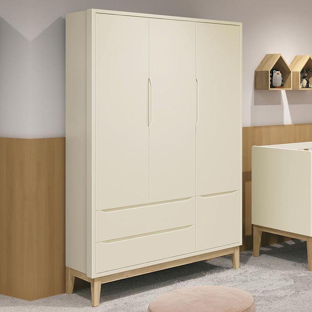 Guarda Roupa Infantil Classic 3 Portas Areia Fosco Com Pés Madeira Natural Reller Móveis Areia Fosco - 2