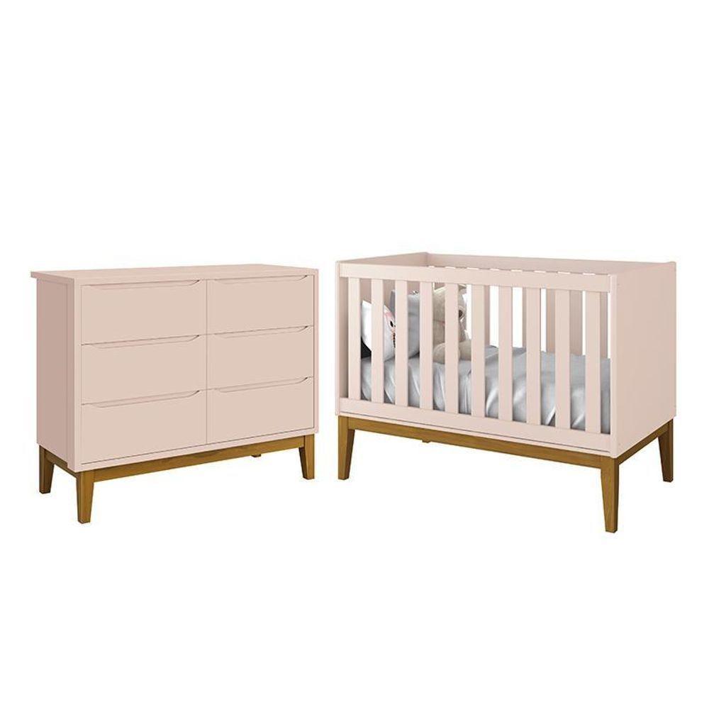 Jogo De Quarto Infantil Classic Cômoda 6 Gavetas E Berço Rosa Fosco Com Pés Amadeirado Reller Móveis Rosa Fosco - 1