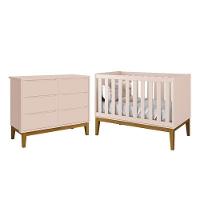 Jogo De Quarto Infantil Classic Cômoda 6 Gavetas E Berço Rosa Fosco Com Pés Amadeirado Reller Móveis Rosa Fosco - 1