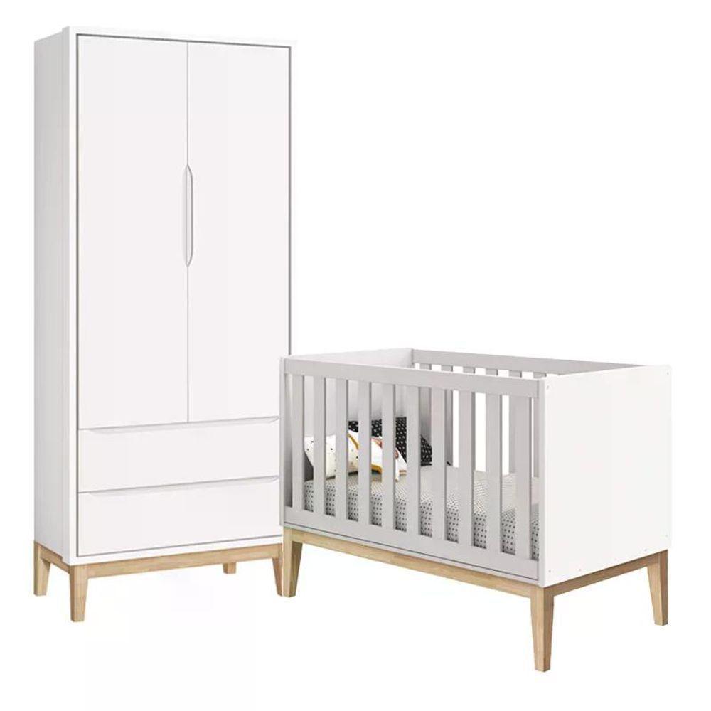 Jogo De Quarto Classic Guarda Roupa 2 Portas E Berço Branco Fosco Com Pés Madeira Natural Reller Móveis Branco Fosco - 1