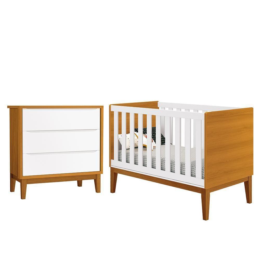 Jogo De Quarto Infantil Cômoda 3 Gavetas E Berço Classic Branco Savana Com Pés Amadeirado Reller Móveis Branco Savana - 1