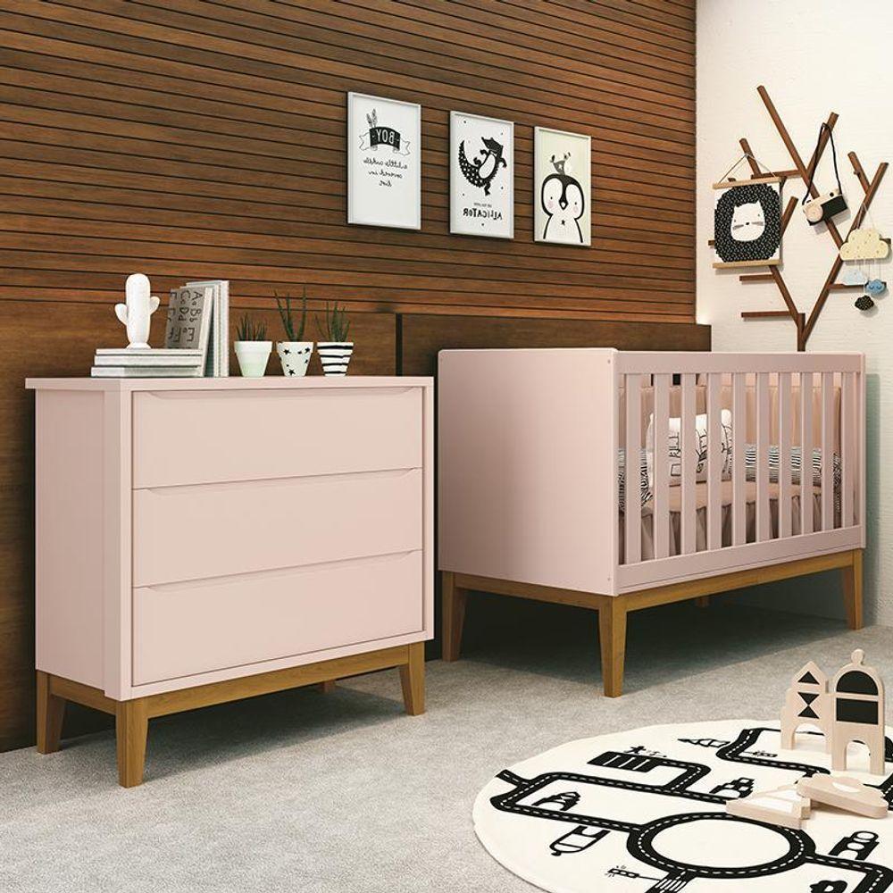 Jogo De Quarto Infantil Cômoda 3 Gavetas E Berço Classic Rosa Fosco Com Pés Amadeirado Reller Móveis Rosa Fosco - 6