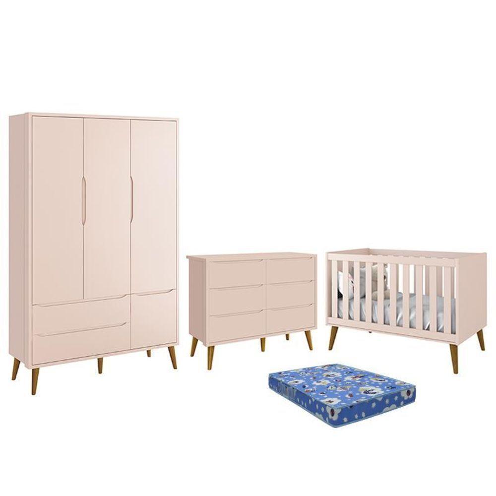 Dormitório Theo 3 Portas, Cômoda 6 Gavetas, Berço Rosa Fosco Com Pés Amadeirado E Colchão Reller Móveis Rosa Fosco - 1
