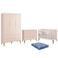 Dormitório Theo 3 Portas, Cômoda 6 Gavetas, Berço Rosa Fosco Com Pés Amadeirado E Colchão Reller Móveis Rosa Fosco - 1