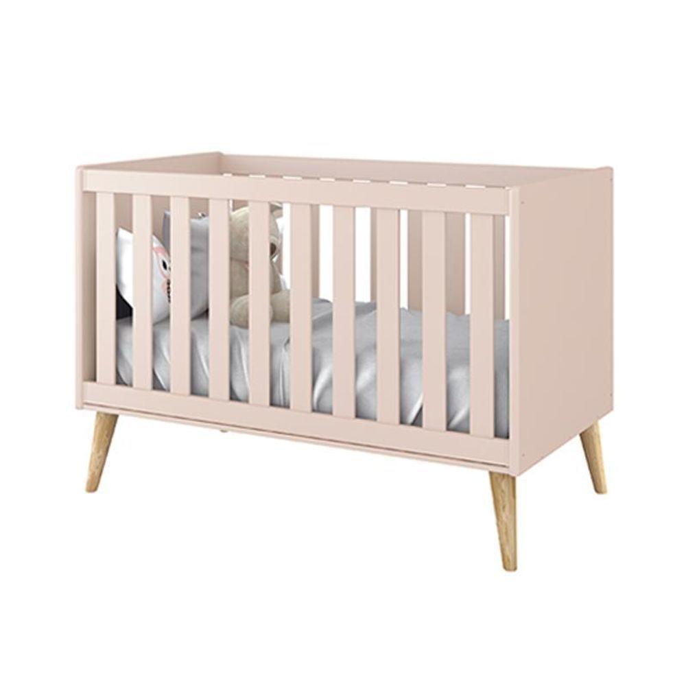 Jogo De Quarto Infantil Theo Cômoda 6 Gavetas E Berço Rosa Fosco Com Pés Madeira Natural Reller Móveis Rosa Fosco - 3