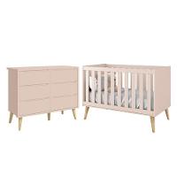 Jogo De Quarto Infantil Theo Cômoda 6 Gavetas E Berço Rosa Fosco Com Pés Madeira Natural Reller Móveis Rosa Fosco - 1