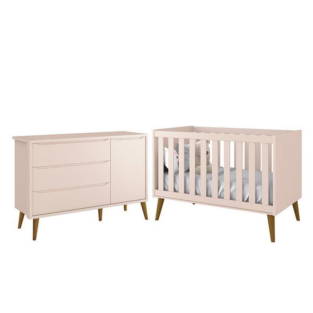 Jogo De Quarto Infantil Theo Retrô Cômoda 1 Porta E Berço Rosa Fosco Com Pés Amadeirado Reller Móveis Rosa Fosco - 1