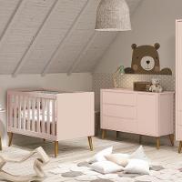 Jogo De Quarto Infantil Theo Retrô Cômoda 1 Porta E Berço Rosa Fosco Com Pés Amadeirado Reller Móveis Rosa Fosco - 6