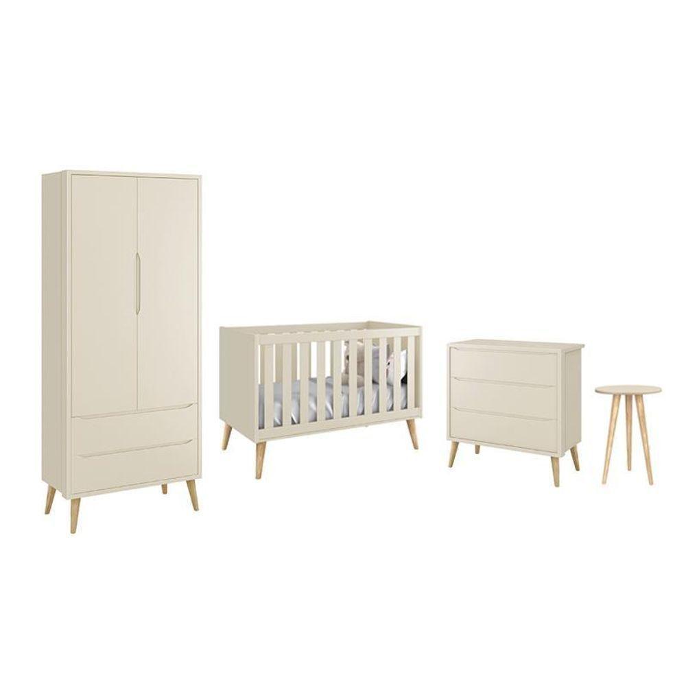 Dormitório Theo 2 Portas E Mesa De Canto Areia Fosco Com Pés Madeira Natural Reller Móveis Areia Fosco - 1