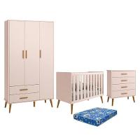 Dormitório Infantil Isis Guarda Roupa 3 Portas Cômoda E Berço Rosa Com Colchão Reller Móveis Rosa - 1