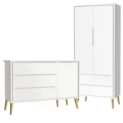 Conjunto de Quarto Infantil Theo Guarda Roupa 3 Portas 5 Gavetas em MDF Branco Fosco