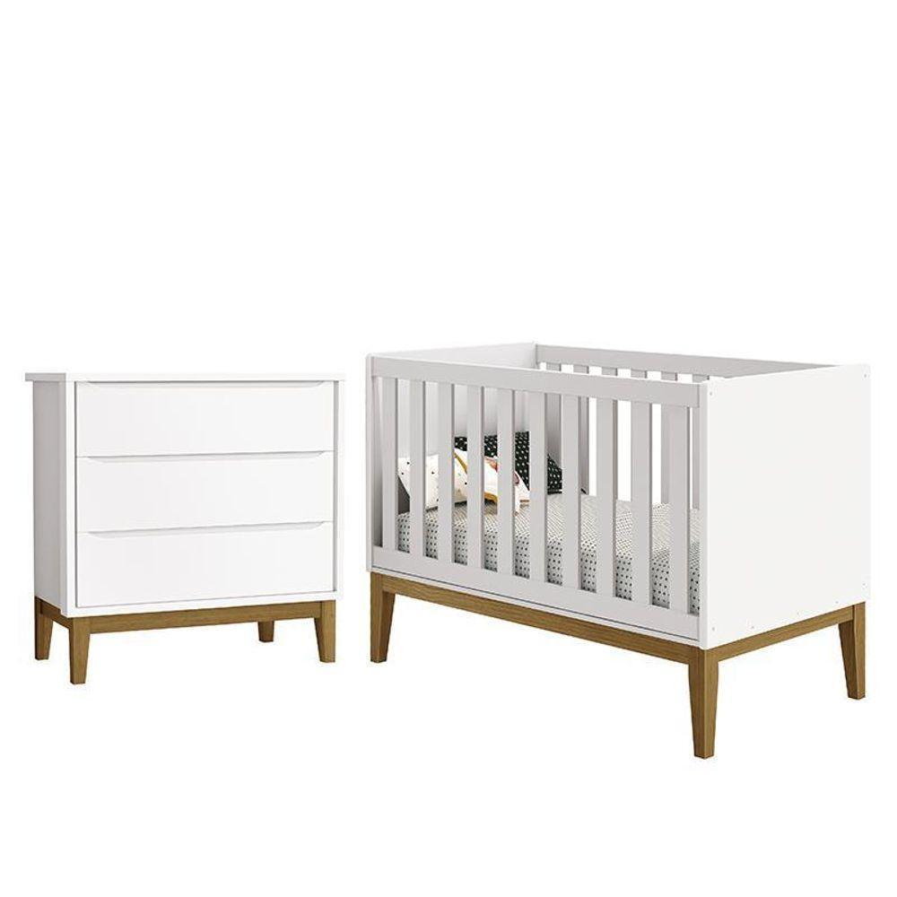 Jogo De Quarto Infantil Cômoda 3 Gavetas E Berço Classic Branco Fosco Com Pés Amadeirado Reller Móveis Branco Fosco - 1