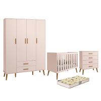 Dormitório Infantil Isis Guarda Roupa 4 Portas Cômoda E Berço Rosa Com Colchão D18 Reller Móveis Rosa - 1