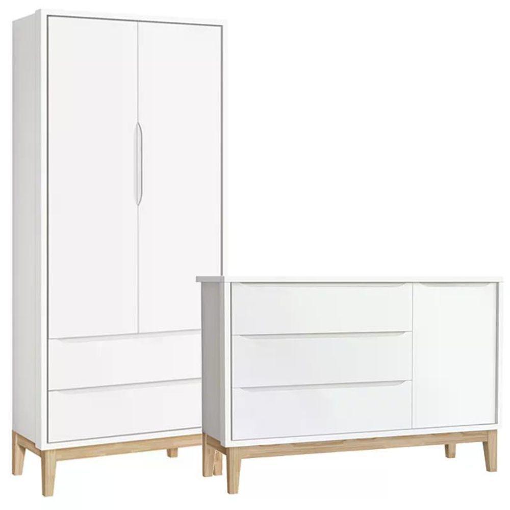 Jogo De Quarto Classic Guarda Roupa 2 Portas E Cômoda Branco Fosco Com Pés Madeira Natural Reller Móveis Branco Fosco - 1
