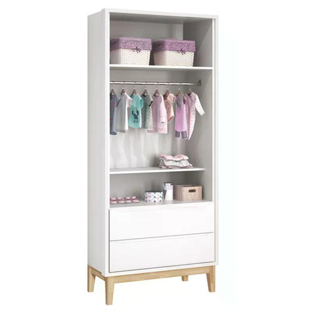 Jogo De Quarto Classic Guarda Roupa 2 Portas E Cômoda Branco Fosco Com Pés Madeira Natural Reller Móveis Branco Fosco - 4