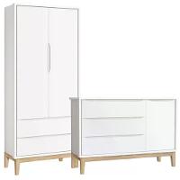 Jogo De Quarto Classic Guarda Roupa 2 Portas E Cômoda Branco Fosco Com Pés Madeira Natural Reller Móveis Branco Fosco - 1