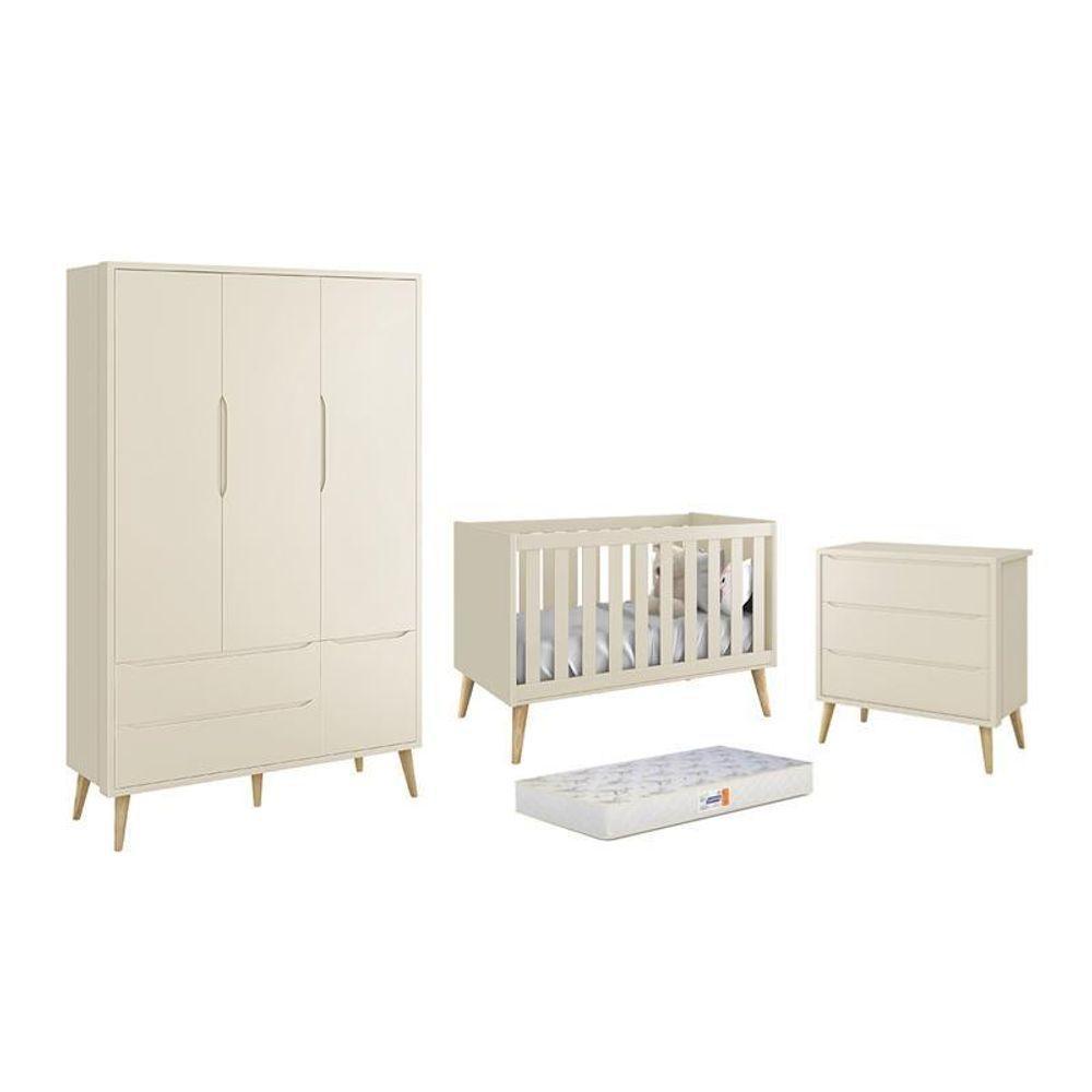 Dormitório Theo 3 Portas, Cômoda 3 Gavetas Areia Fosco Com Pés Madeira Natural E Colchão D18 Reller Móveis Areia Fosco - 1